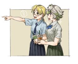 Rule 34 | !, 2girls, aged up, ahoge, bare arms, black skirt, blonde hair, blue bow, blue bowtie, blue necktie, blue shirt, blue skirt, blush, bow, bowtie, breasts, contemporary, cowboy shot, cream, cup, disposable cup, drink, drinking straw, flipped hair, from side, glasses, green eyes, green hair, green skirt, grey hair, grey shirt, highres, holding, holding cup, holding drink, long hair, looking away, low ponytail, made in abyss, maido (gokujohoureisen), medium breasts, multicolored hair, multiple girls, necktie, outside border, outstretched arm, pleated skirt, pointing, ponytail, prushka, red eyes, riko (made in abyss), school uniform, shirt, shirt tucked in, short hair, short sleeves, side-by-side, simple background, skirt, small breasts, sparkle, spoken exclamation mark, streaked hair, white background, white shirt