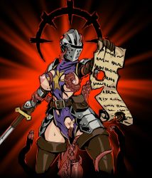 Rule 34 | 1girl, affliction (darkest dungeon), armor, belt, belt pouch, blue eyes, boots, breasts, cleft of venus, covered face, cowboy shot, crusader (darkest dungeon), darkest dungeon, faulds, female knight, female pubic hair, genderswap, gloves, helmet, highres, holding, holding paper, holding scroll, holding sword, holding weapon, knight, large breasts, monster, nipples, nisetanaka, no bra, no panties, paper, pauldrons, penis, pouch, pubic hair, pussy, scroll, sex, shoulder armor, standing, standing sex, sweat, sword, tentacle sex, tentacles, thigh boots, torn clothes, torn paper, vambraces, video game, weapon