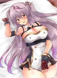 Rule 34 | 1girl, absurdres, arm up, armpits, azur lane, blush, breasts, buttons, cleavage, collarbone, commentary request, fingerless gloves, futon, gloves, grenville (azur lane), hair ornament, highres, large breasts, looking at viewer, open mouth, orange eyes, purple hair, side ponytail, solo, thighs, tonchinkan