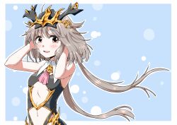 Rule 34 | 1girl, :d, arm up, bare shoulders, blue background, blush, border, brown eyes, grey hair, headpiece, highres, kyo9999, langrisser, langrisser re:incarnation, licorice (langrisser), long hair, looking at viewer, navel, open mouth, revealing clothes, short hair with long locks, simple background, smile, solo, upper body, white border