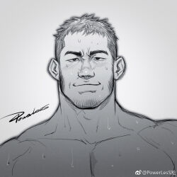 Rule 34 | 1boy, adam&#039;s apple, bara, beard stubble, blush, broad shoulders, facial hair, highres, large pectorals, looking at viewer, male focus, mature male, muscular, muscular male, nude, original, pectorals, powerlesssong, short hair, smile, solo, straight-on, stubble, sweat, upper body