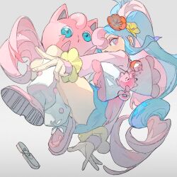 Rule 34 | 1girl, bag charm, baofandxy, blue eyes, blue hair, blue skirt, charm (object), colored eyelashes, creatures (company), curly hair, fairy miku (project voltage), flower, from below, full body, game freak, gen 1 pokemon, grey background, hair flower, hair ornament, hatsune miku, highres, jigglypuff, long hair, long sleeves, looking at viewer, loose socks, miniskirt, multicolored hair, nintendo, pink footwear, pink hair, pink sweater, pokemon, pokemon (creature), project voltage, red flower, scrunchie, shoe soles, shoes, sidelocks, sitting, skirt, socks, sweater, twintails, two-tone hair, very long hair, vocaloid, white bag, white socks, wrist scrunchie, yellow flower, yellow scrunchie
