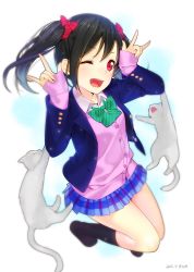Rule 34 | 10s, 1girl, 2015, :d, \m/, ama mitsuki, black hair, blazer, blush, bow, cardigan, cat, dated, double \m/, gradient background, hair bow, jacket, looking at viewer, love live!, love live! school idol project, nico nico nii, one eye closed, open mouth, red eyes, school uniform, short hair, skirt, sleeves past wrists, smile, solo, sweater, twintails, yazawa nico