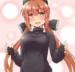 Rule 34 | 1girl, black bow, black gloves, black hat, black sweater, bow, brown eyes, brown hair, commentary request, fingerless gloves, fur hat, gloves, hair bow, hat, kantai collection, long hair, low twintails, papakha, solo, sweater, tashkent (kancolle), twintails, upper body, ver norma2
