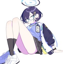 Rule 34 | 1girl, aqua eyes, black hair, black skirt, black socks, blue archive, blue sweater vest, breasts, chihiro (blue archive), closed mouth, glasses, hair between eyes, hair ornament, hairclip, halo, highres, id card, jacket, legs, long sleeves, looking at viewer, mabera, medium breasts, necktie, open clothes, open jacket, pleated skirt, shoes, short hair, simple background, sitting, skirt, sneakers, socks, solo, sweater vest, thighs, watch, white background, white footwear, wristwatch