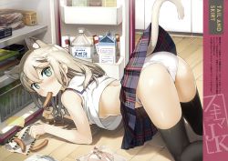 Rule 34 | 1girl, absurdres, all fours, animal ears, ass, black thighhighs, blue eyes, blush, breasts, cat ears, cat tail, clothes lift, eating, food, from side, highres, huge filesize, indoors, kantoku, lifted by tail, light brown hair, looking at viewer, mouth hold, original, panties, paw pose, plaid, plaid skirt, pleated skirt, refrigerator, sausage, scan, shirt, sideboob, skirt, skirt lift, sleeveless, sleeveless shirt, small breasts, solo, tail, thighhighs, top-down bottom-up, underwear, white panties