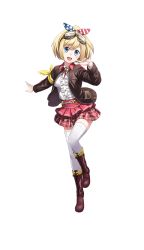 Rule 34 | 1girl, :d, alexia vraciu, blonde hair, blue eyes, bomber jacket, boots, brown footwear, brown jacket, checkered clothes, checkered skirt, finger to cheek, formation girls, full body, hair ribbon, high ponytail, highres, jacket, looking at viewer, official art, open mouth, pink skirt, pleated skirt, ribbon, short hair, skirt, smile, solo, thighhighs, tokumaro, transparent background, white thighhighs, yellow ribbon