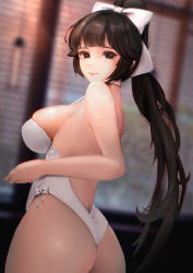 Rule 34 | 1girl, aduo, ass, azur lane, black hair, blush, bow, breasts, brown eyes, cowboy shot, from behind, hair bow, hair flaps, highres, large breasts, long hair, looking at viewer, looking back, ponytail, skindentation, smile, solo, takao (azur lane), takao (beach rhapsody) (azur lane), twisted torso, very long hair, white bow