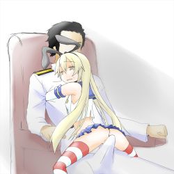 Rule 34 | 10s, 1boy, 1girl, admiral (kancolle), bad id, bad pixiv id, black panties, blonde hair, brown eyes, bulge, chizuko (chzr), chizuru (chizucoman), elbow gloves, erection, erection under clothes, gloves, hair ornament, hair ribbon, kantai collection, long hair, military, military uniform, panties, pantyshot, personification, ribbon, sailor collar, shimakaze (kancolle), skirt, striped clothes, striped thighhighs, thighhighs, underwear, uniform, upskirt, white gloves