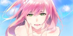 Rule 34 | 10s, 1girl, aoiken, bare shoulders, commentary, darling in the franxx, green eyes, hair between eyes, hands on another&#039;s cheeks, hands on another&#039;s face, highres, long hair, open mouth, pink hair, sky, solo, solo focus, zero two (darling in the franxx)