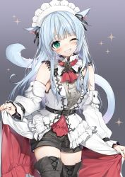 Rule 34 | 1girl, absurdres, animal ears, warrior of light (ff14), belt, blue eyes, blue hair, blush, boots, cat ears, cat tail, detached sleeves, facial mark, final fantasy, final fantasy xiv, grey background, headdress, highres, light blue hair, long hair, looking at viewer, miqo&#039;te, one eye closed, shorts, slit pupils, smile, solo, tail, thigh boots, thighhighs, whisker markings, yana mori