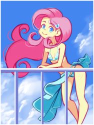 Rule 34 | 1girl, animal hair ornament, bikini, blue bikini, blue eyes, blue sarong, breasts, butterfly hair ornament, cloud, colored skin, drantyno, floral print, fluttershy, hair ornament, hasbro, highres, long hair, looking at viewer, my little pony, my little pony: equestria girls, my little pony: friendship is magic, pink hair, print bikini, railing, sarong, sky, small breasts, smile, standing, swimsuit, yellow skin