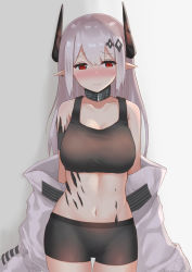 Rule 34 | 1girl, arknights, armband, bare shoulders, bike shorts, black collar, black shorts, blush, collar, commentary request, cowboy shot, crop top, grey background, hair between eyes, highres, horns, long hair, looking at viewer, material growth, midriff, mudrock (arknights), navel, nose blush, off shoulder, oripathy lesion (arknights), pointy ears, red eyes, short shorts, shorts, silver hair, solo, sports bra, standing, stomach, yuetsu