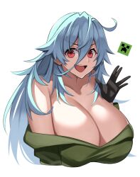 Rule 34 | 1girl, :d, bare shoulders, blue hair, blush, breasts, charged creeper, cleavage, commentary request, commission, creeparka, creeper, cupa (at2.), electricity, highres, hood, hoodie, huge breasts, imuzi, long hair, long sleeves, looking at viewer, minecraft, open mouth, personification, red eyes, simple background, skeb commission, smile, solo, torn clothes, torn hoodie, white background