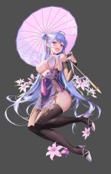 1girl absurdres black_thighhighs blue_hair choyeon flower hair_bun high_heels highres looking_at_viewer purple_eyes solo thighhighs umbrella