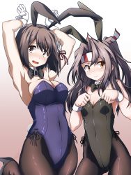Rule 34 | 2girls, 547th sy, animal ears, black bow, black bowtie, black hair, black leotard, blush, bow, bowtie, breasts, brown eyes, brown legwear, cleavage, covered navel, detached collar, fake animal ears, fake tail, gradient background, grey hair, hachimaki, haguro (kancolle), hair ornament, headband, high ponytail, highres, kantai collection, leotard, light brown hair, long hair, looking at another, medium breasts, multiple girls, open mouth, pantyhose, pink background, playboy bunny, ponytail, purple leotard, rabbit ears, rabbit tail, short hair, small breasts, strapless, strapless leotard, tail, wrist cuffs, zuihou (kancolle)