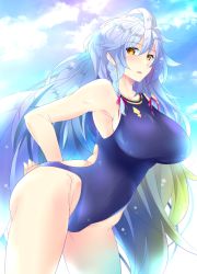 Rule 34 | 1girl, ahoge, black one-piece swimsuit, breasts, competition swimsuit, cowboy shot, gradient background, granblue fantasy, komo da, large breasts, leaning forward, long hair, one-piece swimsuit, silva (granblue fantasy), silver hair, swimsuit, very long hair, yellow eyes