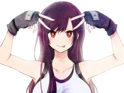 Rule 34 | 1girl, arms up, bare shoulders, black gloves, breasts, collarbone, commentary request, final fantasy, final fantasy vii, final fantasy vii remake, fingerless gloves, gloves, highres, hoshino ai&#039;s pose, hoshino ai (oshi no ko), large breasts, long hair, oshi no ko, parted bangs, purple hair, red eyes, ribaton1213, simple background, solo, symbol-shaped pupils, tifa lockhart, upper body, white background