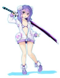 Rule 34 | 1girl, breasts, choker, cleavage, full body, hair between eyes, hair ornament, holding, holding sword, holding weapon, hood, hoodie, iwashi dorobou -r-, looking at viewer, navel, neptune (neptunia), neptune (series), open clothes, open mouth, purple eyes, purple footwear, purple hair, short hair, small breasts, solo, standing, sword, weapon, white choker