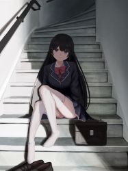 Rule 34 | 1girl, black hair, blazer, blue eyes, bow, bowtie, briefcase, hair ornament, hairclip, highres, jacket, loafers, long hair, nijisanji, pink bow, pink bowtie, plaid, plaid skirt, school briefcase, school uniform, shoes, sitting, sitting on stairs, skirt, smile, solo, stairs, stairwell, thighhighs, tsukino mito, tsukino mito (1st costume), unworn footwear, unworn shoes, very long hair, virtual youtuber, white thighhighs, yy (yu-ri16)