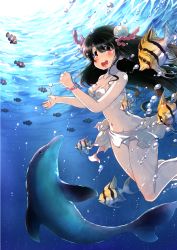 Rule 34 | 1girl, air bubble, barefoot, beads, bikini, black hair, blush, bracelet, breasts, breath, cleavage, dolphin, fish, freediving, front-tie top, highres, holding breath, jewelry, long hair, mochizuki usagi, moe2016, navel, ocean, open mouth, original, red eyes, sarong, solo, swimming, swimsuit, underwater, water, white bikini