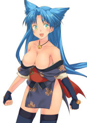 Rule 34 | 1girl, animal ears, bare shoulders, bell, blue hair, blush, breasts, cat ears, cleavage, fingerless gloves, gloves, happy, japanese clothes, jingle bell, large breasts, long hair, mizuki makoto, no bra, no nipples, off shoulder, open mouth, rance (series), sengoku rance, solo, suzume (rance), thighhighs