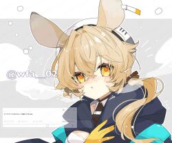 Rule 34 | 1girl, :o, animal ears, arknights, artist name, blonde hair, blush, commentary request, crossed bangs, dorothy (arknights), ear tag, gloves, hair between eyes, hair over shoulder, itsuki 02, looking at viewer, mouse ears, mouse girl, nose blush, parted lips, ponytail, solo, twitter username, white headwear, yellow eyes, yellow gloves