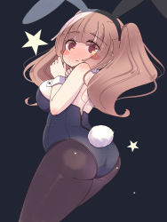 Rule 34 | 1girl, animal ears, bare shoulders, black background, blunt bangs, blush, breasts, brown pantyhose, character request, closed mouth, commentary request, copyright request, detached collar, fake animal ears, feet out of frame, hair between eyes, highres, horoyuki (gumizoku), leotard, long hair, looking at viewer, messy hair, no nose, pantyhose, playboy bunny, rabbit ears, rabbit tail, solo, star (symbol), straight hair, strapless, strapless leotard, tail, tareme, wrist cuffs, zipper, zipper pull tab
