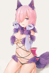 Rule 34 | 1girl, absurdres, animal ear fluff, animal ears, arms up, bikini, black panties, blush, bow, breasts, cameltoe, elbow gloves, eyebrows, fang, fate/grand order, fate (series), fur, fur trim, gloves, hair over one eye, halloween costume, highres, jewelry, kneeling, looking at viewer, mash kyrielight, mash kyrielight (dangerous beast), navel, o-ring, o-ring top, official alternate costume, open mouth, panties, paw pose, pink bow, pink hair, purple bikini, purple eyes, purple theme, ring, short hair, silver (chenwen), skindentation, solo, stomach, strap, strap gap, swimsuit, tail, underwear, white background, wolf ears, wolf tail