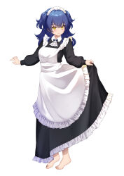 Rule 34 | 1girl, absurdres, apron, barefoot, black dress, blue hair, commentary request, commission, crossed bangs, curtsey, double-parted bangs, dress, frilled apron, frills, full body, hair between eyes, highres, indie virtual youtuber, kodama (koda mat), kodama eto, long dress, long sleeves, looking to the side, maid, maid apron, maid headdress, simple background, skeb commission, skirt hold, solo, two side up, virtual youtuber, white apron, white background, yellow eyes