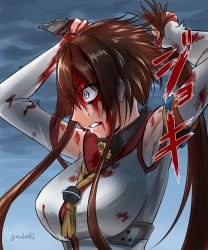 Rule 34 | 10s, 1girl, blood, blood on clothes, blood on face, blood on hands, breasts, brown hair, commentary request, cutting hair, kantai collection, large breasts, mrdotd, purple eyes, short hair with long locks, signature, sky, solo, torn clothes, yamato (kancolle)