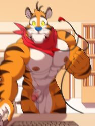 Rule 34 | 1boy, abs, animal ears, bara, completely nude, constricted pupils, cowboy shot, earphones, flaccid, furry, furry male, furtissier, highres, kellogg&#039;s, large pectorals, leaning forward, legs together, livestream, looking at viewer, male focus, mature male, motion blur, muscular, muscular male, navel, nipples, nude, outstretched arm, pectorals, penis, shaved body, short hair, smile, solo, standing, stomach, surprised, thick eyebrows, thick thighs, thighs, tiger boy, tiger ears, tony the tiger, uncensored, wide-eyed