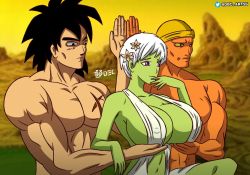 Rule 34 | 1girl, 2boys, alien, alternate breast size, aphrodite (shuumatsu no valkyrie), backless dress, backless outfit, bare arms, bare shoulders, black hair, blurry, breast hold, breasts, broly (dragon ball super), cheelai, colored skin, depth of field, dragon ball, dragon ball super, dragon ball super broly, dress, expressionless, flower, green skin, hair flower, hair ornament, lemo (dragon ball), meme, multiple boys, muscular, muscular male, nipples, no bra, orange skin, outdoors, parody, purple eyes, revealing clothes, scar, servants holding aphrodite&#039;s breasts (meme), short dress, shuumatsu no valkyrie, sideboob, spiked hair, tagme, upper body, white hair
