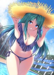Rule 34 | 1girl, bikini, blue bikini, blue eyes, blush, breasts, cleavage, commission, eyebrows hidden by hair, frilled bikini, frills, gluteal fold, green hair, hat, highres, kazama touko, large breasts, leaning forward, makishima azusa, midriff, muv-luv, navel, parted bangs, second-party source, signature, skeb commission, sky, slide, smile, solo, straw hat, swimsuit, water