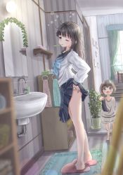 Rule 34 | 2girls, absurdres, akebi-chan no serafuku, akebi kao, akebi komichi, artist name, bare legs, basket, blush, brushing teeth, bubble, carpet, ceiling, cheek bulge, clothes lift, cup, curtains, dated, ears, fluno, hands on own hip, highres, holding, house shoes, indoors, industrial pipe, leaf, legs, lifting own clothes, light blush, long hair, messy hair, mirror, multiple girls, one eye closed, open mouth, panties, panty pull, picture frame, plant, pot, sailor collar, sailor uniform, school uniform, serafuku, shelf, sink, skirt, skirt lift, sleepy, slippers, stairs, standing, tagme, thighs, tissue box, toothbrush, towel, underwear, water, white panties, window