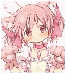 Rule 34 | 1girl, :3, absurdres, animal ears, animal hands, bad id, bad twitter id, blush, bow, cat ears, cat paws, choker, collarbone, commentary request, hair bow, highres, hitode, kaname madoka, looking at viewer, magical girl, mahou shoujo madoka magica, mahou shoujo madoka magica (anime), paw pose, pink bow, pink choker, pink eyes, pink hair, pink theme, short sleeves, simple background, smile, solo, soul gem, twitter username, upper body, watermark, white background