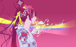 Rule 34 | 1girl, japanese clothes, kimono, long hair, pink background, pink hair, pink theme, ribbon, skull, solo, tenjou tenge, wallpaper