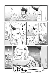 Rule 34 | ..., 10s, 3girls, abyssal ship, bikini, breasts, claws, closed eyes, comic, destroyer princess, greyscale, headgear, horns, kantai collection, large breasts, lifebuoy, long hair, migu (migmig), monochrome, multiple girls, northern ocean princess, one-piece swimsuit, open mouth, ponytail, seaport princess, side ponytail, single horn, skirt, small breasts, smile, swim ring, swimming, swimsuit, translation request, v