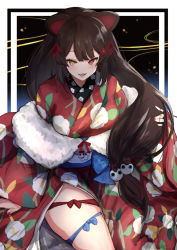 Rule 34 | 1girl, :3, animal ears, blue bow, bow, breasts, brown hair, commentary request, fangs, heterochromia, highres, inui toko, japanese clothes, kimono, long hair, looking at viewer, nail polish, nijisanji, nuezou, raised eyebrows, red bow, red eyes, solo, thick thighs, thighs, virtual youtuber, yellow eyes