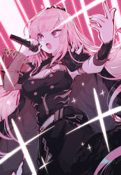 Rule 34 | 1girl, black dress, black nails, breasts, cleavage, commentary, dress, english commentary, fingernails, highres, holding, holding microphone, hololive, hololive english, large breasts, long hair, microphone, mori calliope, mori calliope (1st costume), music, nail polish, open mouth, parororo, pink hair, red eyes, shoulder spikes, singing, solo, spikes, very long hair, virtual youtuber