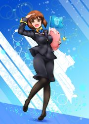 Rule 34 | 1girl, :d, absurdres, alternate costume, anglerfish, ascot, black footwear, black pantyhose, blazer, blue ascot, blue background, blue jacket, blue skirt, brown eyes, brown hair, fish, flag, flight attendant, formal, girls und panzer, highres, jacket, looking at viewer, medium skirt, military, military vehicle, motor vehicle, nishizumi miho, open mouth, pantyhose, panzer iv, pencil skirt, salute, shoes, short hair, skirt, skirt suit, smile, solo, standing, standing on one leg, star (symbol), stuffed toy, suit, tank, travel attendant, twitter username, uniform, yellow ascot, zetto-plus