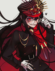 Rule 34 | 1girl, belt, black hair, cape, cowboy shot, family crest, fate/grand order, fate (series), glasses, hair between eyes, hand on own hip, hat, long hair, looking at viewer, medallion, military hat, oda nobunaga (fate), oda uri, one eye closed, peaked cap, red cape, red eyes, sempon (doppio note), simple background, smile, solo, star (symbol), teeth, white background