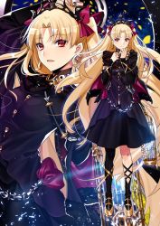 Rule 34 | 1girl, black dress, blonde hair, breasts, cape, chain, closed mouth, commentary request, crown, dress, earrings, ereshkigal (fate), ereshkigal (third ascension) (fate), fate/grand order, fate (series), hair ornament, hair ribbon, holding, holding weapon, jewelry, long hair, looking at viewer, multiple views, open mouth, petals, red eyes, ribbon, small breasts, smile, tohsaka rin, twintails, two side up, weapon, yaoshi jun