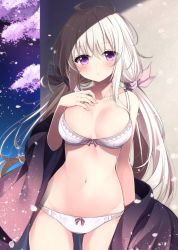 Rule 34 | 1girl, bare arms, bare shoulders, blush, bra, breasts, cherry blossoms, cleavage, closed mouth, collarbone, commentary request, cowboy shot, hair ribbon, hand on own chest, hand up, large breasts, long hair, looking at viewer, low twintails, navel, original, panties, petals, purple eyes, ribbon, sasahara wakaba, solo, tree, twintails, underwear, underwear only, white bra, white hair, white panties
