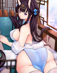 Rule 34 | 1girl, absurdres, artist name, ass, azur lane, black hair, breasts, check commentary, china dress, chinese clothes, commentary request, dress, from behind, fur shawl, hair bun, hair ornament, hairpin, highres, horns, jrpulse, large breasts, long hair, looking at viewer, looking back, noshiro (azur lane), noshiro (fragrance of the eastern snow) (azur lane), oni horns, purple eyes, shawl, sideboob, sleeveless, sleeveless dress, window