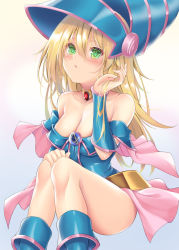 Rule 34 | 1girl, bare shoulders, blonde hair, blue dress, boots, breasts, capelet, cleavage, collar, collarbone, commentary request, dark magician girl, dress, duel monster, gradient background, green eyes, hand up, hat, highres, holding, knee boots, long hair, looking up, medium breasts, nobea, parted lips, pentacle, shiny clothes, shiny skin, short dress, simple background, sitting, solo, strapless, strapless dress, thighs, vambraces, wizard hat, yu-gi-oh!, yu-gi-oh! duel monsters