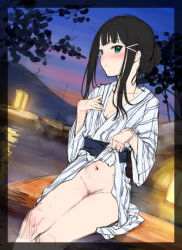Rule 34 | 1girl, aqua eyes, black hair, blunt bangs, blush, border, breasts, cleavage, clothes lift, cropped legs, embarrassed, evening, exhibitionism, female focus, grey kimono, hair bun, hair ornament, hairclip, hand on own chest, japanese clothes, kimono, kimono lift, kurosawa dia, lantern, lifting own clothes, light reflection (water), looking at viewer, love live!, love live! sunshine!!, mignon, mole, mole under mouth, mountain, mountainous horizon, navel, no panties, onsen, outdoors, public indecency, pussy, reflection, sidelocks, sitting, sky, soaking feet, solo, stomach, tree, twilight, unfinished, water, window