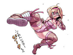 Rule 34 | 10s, 1girl, ass, bare shoulders, blonde hair, breasts, cleavage, clenched hands, covered clitoris, covered navel, djeeta (granblue fantasy), fingerless gloves, gloves, granblue fantasy, kicking, leotard, luchador (granblue fantasy), mask, open mouth, pink gloves, pink thighhighs, purple eyes, short hair, simple background, solo, teeth, thighhighs, tukiwani, white background, wrestling outfit