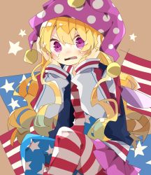Rule 34 | 1girl, @ @, american flag dress, american flag legwear, blonde hair, blue jacket, blush, clownpiece, commentary, crying, feet out of frame, hands on own face, hat, highres, jacket, jester cap, long hair, long sleeves, looking at viewer, multicolored clothes, multicolored jacket, nikorashi-ka, one-hour drawing challenge, open clothes, open jacket, open mouth, pantyhose, purple eyes, purple hat, red jacket, sharp teeth, sitting, solo, star (symbol), teeth, touhou, white jacket