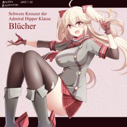 Rule 34 | 1girl, :d, absurdres, ahoge, azur lane, black gloves, black thighhighs, blonde hair, bluecher (azur lane), boots, breasts, buttons, character name, commentary request, dated, double-breasted, elbow sleeve, fang, gloves, grey footwear, grey shirt, hair between eyes, hair ornament, hebitsukai-san, highres, knee boots, large breasts, long hair, looking at viewer, miniskirt, multicolored clothes, multicolored scarf, open mouth, partially fingerless gloves, pleated skirt, red eyes, red gloves, red scarf, red skirt, scarf, shirt, short sleeves, sidelocks, skin fang, skindentation, skirt, smile, solo, star (symbol), thighhighs, torn clothes, torn thighhighs, twitter username, two-tone gloves, two side up, v, zettai ryouiki